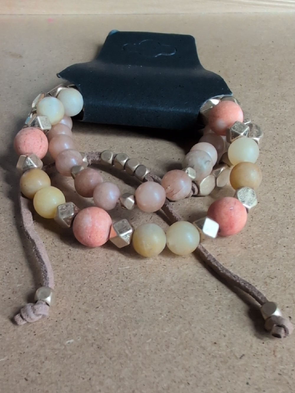 Peach & Cream Beaded Stretch Bracelet Trio with Gold Accents